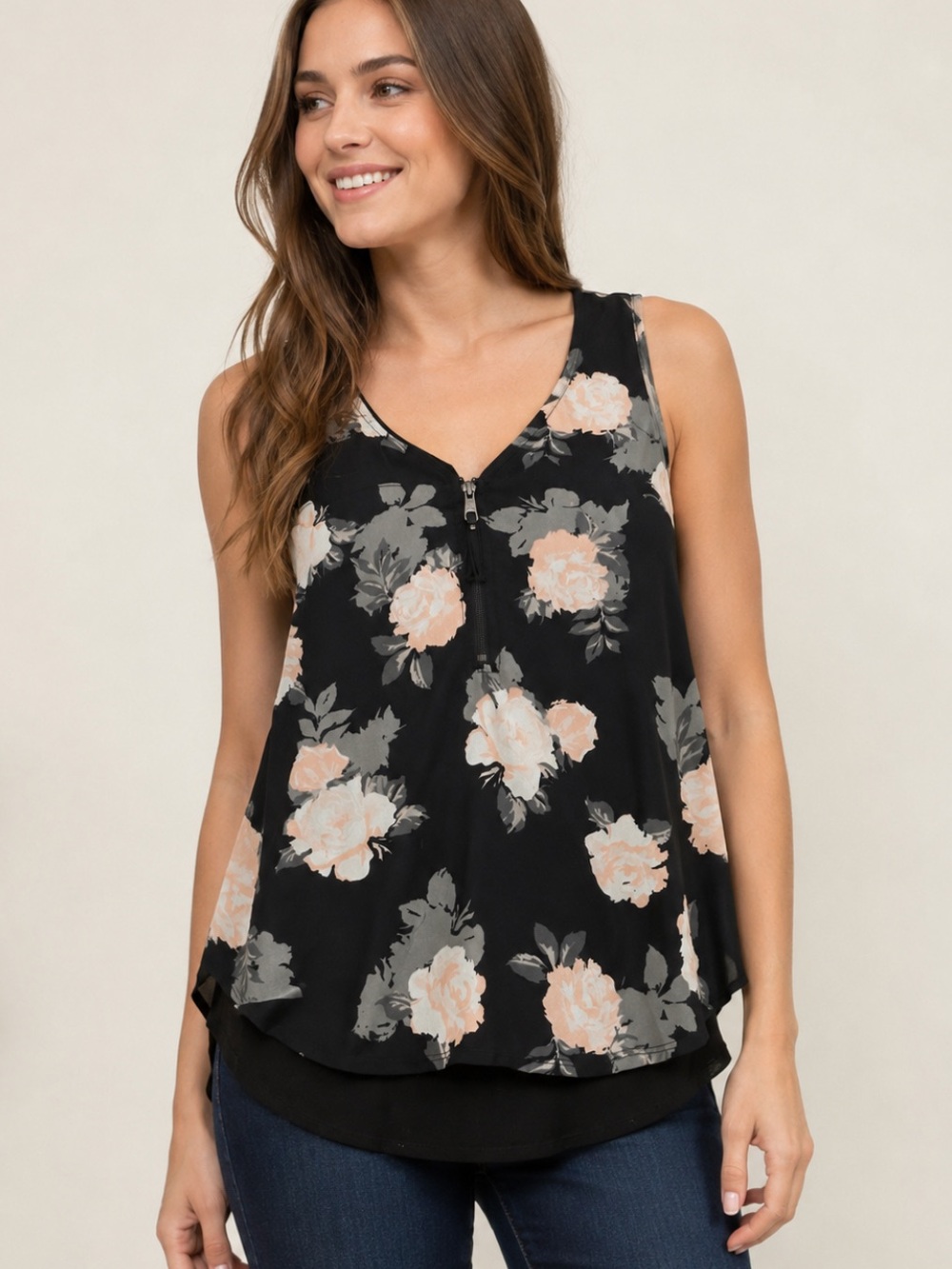 Candie’s Black Floral Layered Sleeveless Zip Blouse XS